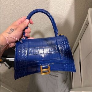 BALENCIAGA Blue Croc-Embossed Top Handle Bag with Gold Hardware
